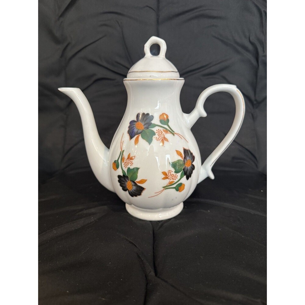 Vintage Wunsiedel Porcelain Coffee Pot with Orange & Black Flower Design